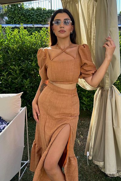 DİONNA Bottom-Top Linen Suit Blouse and Skirt