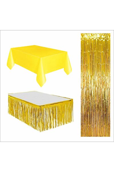 ZENVİVA 3 Pieces Yellow Table Cloth, Gold Table Skirt, Gold Back Floor