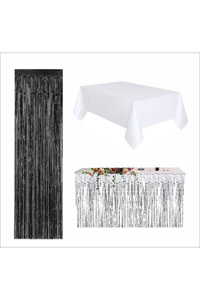 ZENVİVA 3 Pieces White Cover, Silver Table Skirt, Black Back Floor