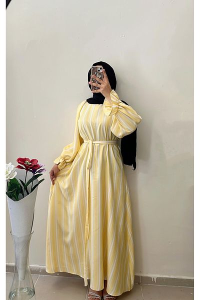 DİLEKBUTİK Summer Yellow Wide Cut Waist Sash Flared Dress