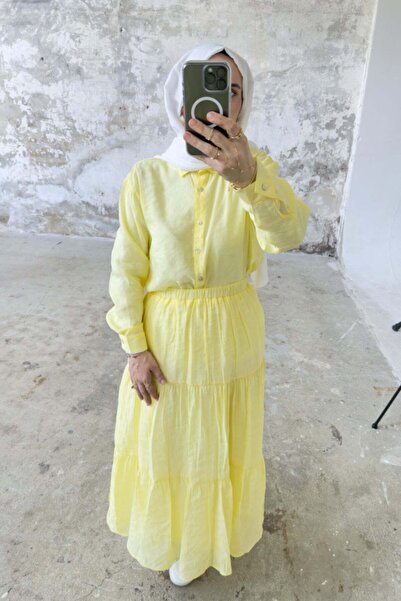 Hatun Atila Rahat Kesim Beli Lastikli Kat Kat Uzun Etek 5213 - Sarı