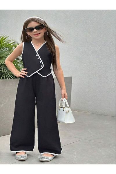 NİSAY BOUTİQUE Girl's Asymmetrical Cut White Piping Detailed Vest Linen Palazzo Pants Black Bottom Top Set