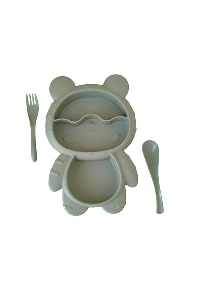 Leony Teddy Bear Shaped 3 Compartment Children's Baby Food Plate with Fork and Spoon Feeding Container