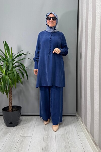 MISS DALIDA Round Neck Brit Detailed Tunic Blue T25Y-6039