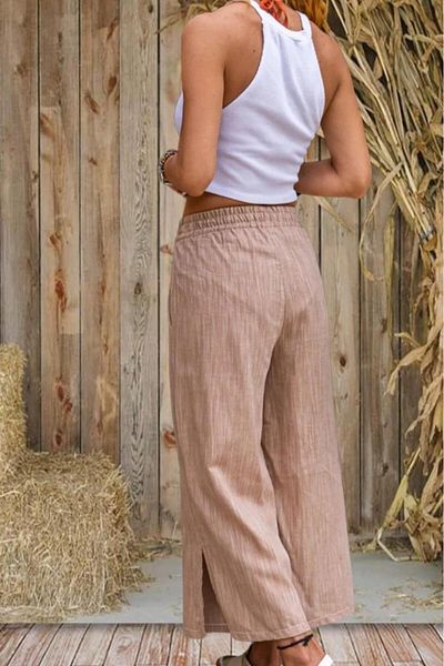 Pasaklı Giyim Women's Camel Linen Elastic Waist Pocketed Leg Slit Casual Capri Bermuda Pants 3404209