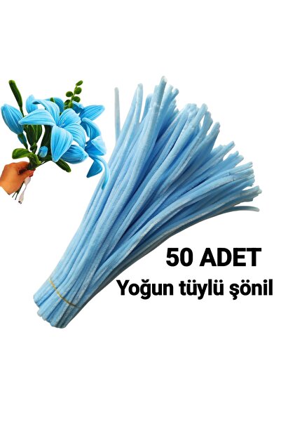 hyc heryerçiçeklenir 50 Adet Buz Mavisi Şönil, Çiçek Yapımına Uygun Tüylü Tel...