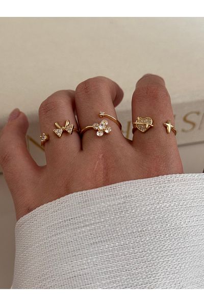 LEROSY CO مجموعة من 3 خواتم ذهبية اللون قابلة للتعديل - تاج، باجيت، وتصميم لامع