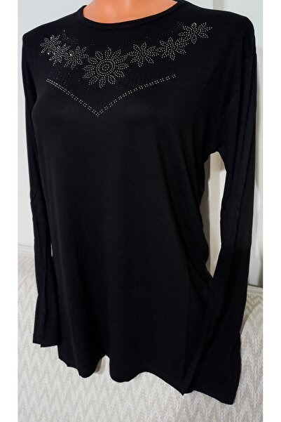 Anne Er Clothing Mother Summer Combed Cotton Blouse Long-Sleeve Crew Neck with Stones