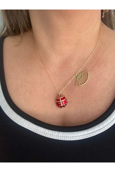ALS Tasarım Dünyası Women's Steel Chain Red Color Ladybug and Fan Model Stylish Design Necklace