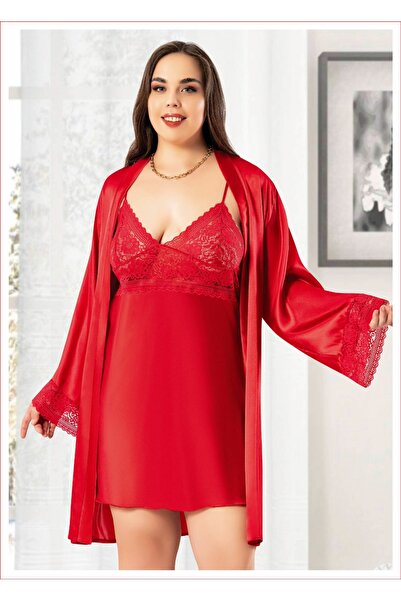 Viselya طقم ثوب نوم من الساتان الأحمر اللاسي مقاس كبير