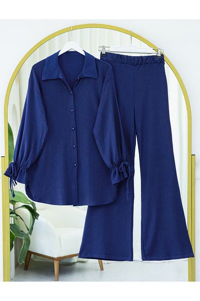 Modamorfo Crinkle Suit with Sleeve Laced Ball Button Trousers -Indigo