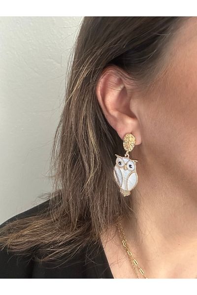 ALS Tasarım Dünyası Women's White Color Pearlescent Gold Color Transitional Owl Figured Earrings