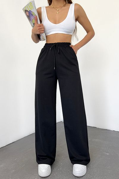 Hera Moda Women's Black Summer High Waist Loose Wide Leg Loose Sweatpants