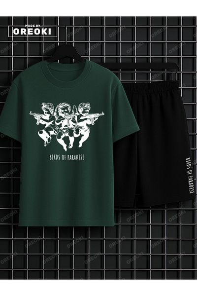 EFFRENATU Children of Heaven Printed Cotton Unisex Green Forest T-Shirt-Black Shorts Set