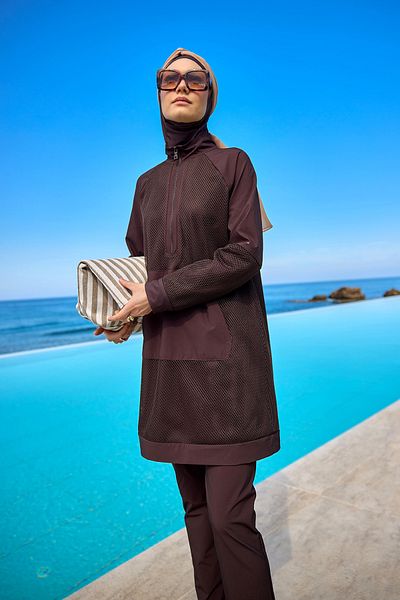 Marina Swimwear Brown Full Covered Hijab Swimsuit – Tulle Detailed, Fixing, M2534-4