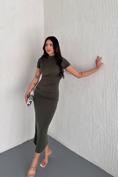 MOZENA Sandy Fabric Short Sleeve Drape Detail Long Dress