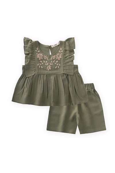 Cigit Robe Embroidered Shorts Linen Suit 2-7 Years Khaki Green