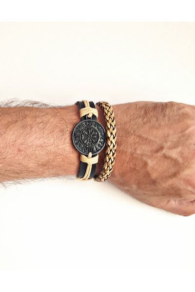 BSN Store Compass Black Symbol Beige Thread Black Leather 2-Pack Genuine Leather Bracelets