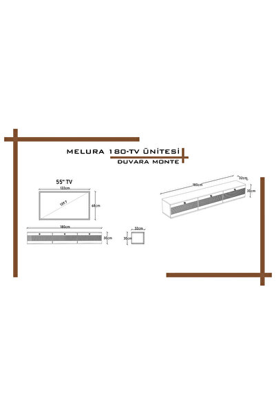 melura home MELURA TV ÜNİTESİ 180 CM 3 KAPAKLI %100 MDF DUVARA MONTE