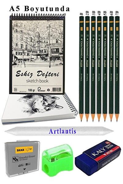 Artlantis A5 120 gr Eskiz Defteri Telli 7 Adet Dereceli Kalem Çizim Seti Past...