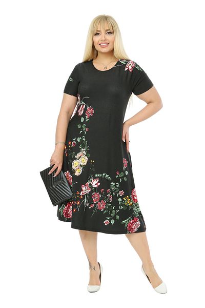 MELSAY Women's Black Short Sleeve Crew Neck Floral Pattern Midi Dress