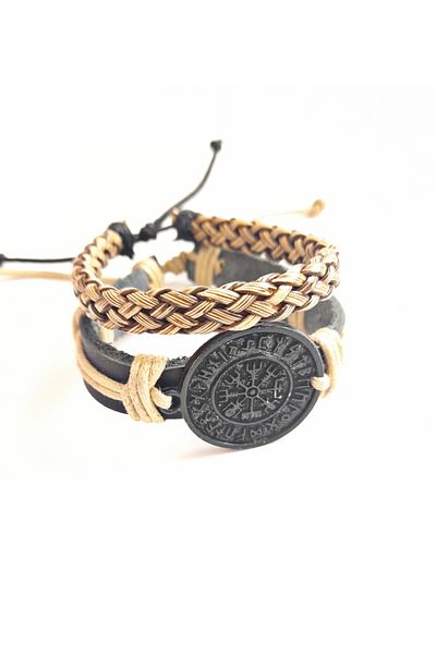 BSN Store Compass Black Symbol Beige Thread Black Leather 2-Pack Genuine Leather Bracelets