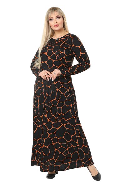 MELSAY Women's Long Sleeve Black Orange Stone Pattern Plus Size Long Dress