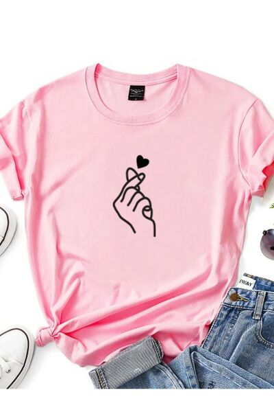 LAYORA Heart Hand Printed Pink Women's T-Shirt