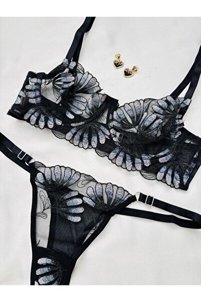İNKO İÇ GİYİM Economical Floral Underwire Uncovered Tulle Bra Set (Bra Tanga)