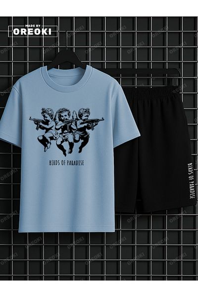EFFRENATU Children of Heaven Printed Cotton Unisex Light Blue T-Shirt-Black Shorts Set
