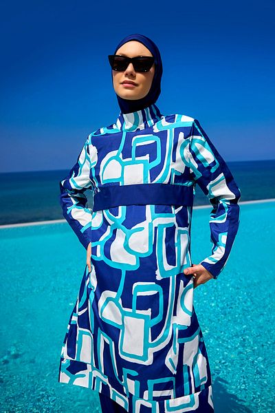 A Andalus Hijab Swimsuit Navy Blue |   4 Piece Suit, Hidden Zipper, R2513