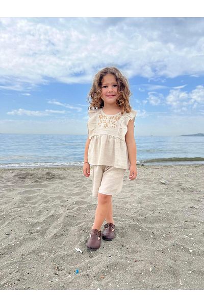 Cigit Robe Embroidered Shorts Linen Suit 2-7 Years Natural