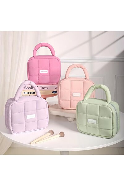 womistore Дамска чантичка за гримове, ватиран козметичен органайзер с голям капацитет