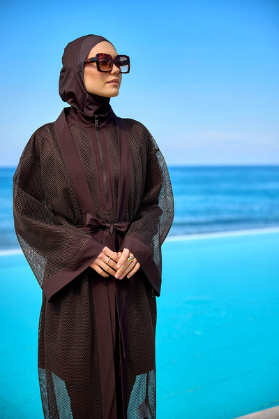 Marina Καφέ τούλι κιμονό – Κομψό παράθυρο παραλίας συμβατό με μαγιό Hijab P2501-4