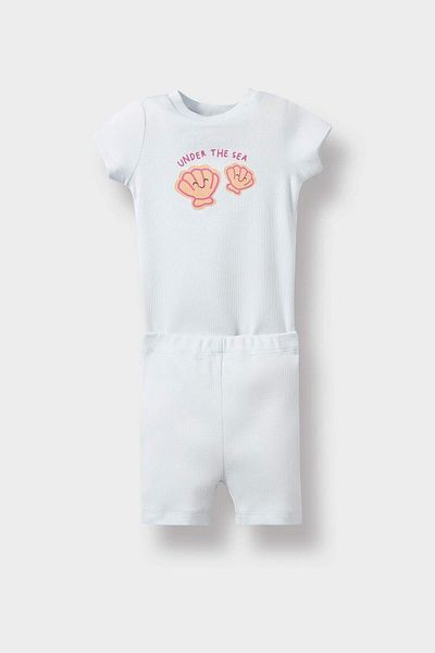 DeFacto Baby Girl 2-Piece Set Printed Short Sleeve Ribbed Camisole T-Shirt Elastic Waist Shorts E8245A525Sm