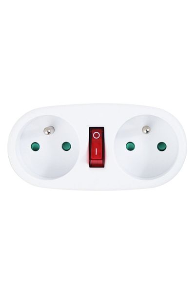 OEM Double socket adapter with one switch, 3680W, 16A, with grounding, 107 x 805 x 52 mm, white