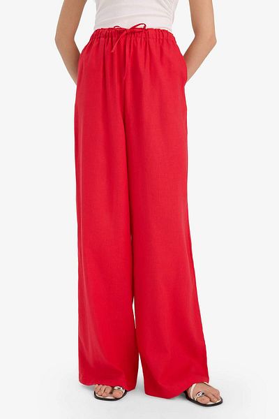 DeFacto Wide Leg Double Pocket Elastic Waist Standard Length Linen Blend Trousers E1981Ax25Sm