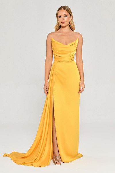 ALFABETA Women's Boat Neck Satin Yellow Evening Dress & Homecoming Dress Ab5617-Yellow