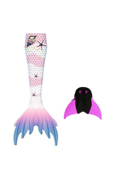 EarthKeepers Set de costum de baie Ariel cu 2 piese, sirenă, roz/alb, include coadă și labe de înot - Thk® - 140 cm - 9-10 ani