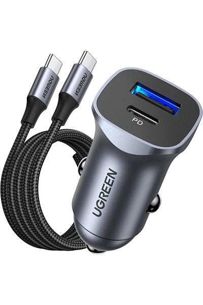 Ugreen Car Charger Fast Charging PD30W Dual Port USB C iPhone 16 Pro Charger Fast Charge Car Phone A