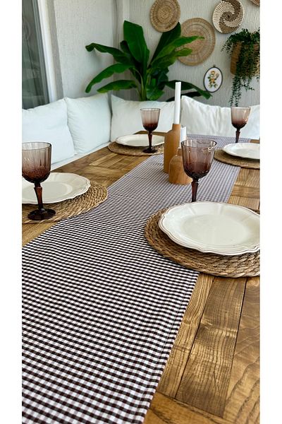 Decamor home Cotton Linen Brown Mini Gingham Runner