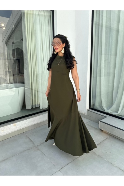 outline Olive green pleated dress