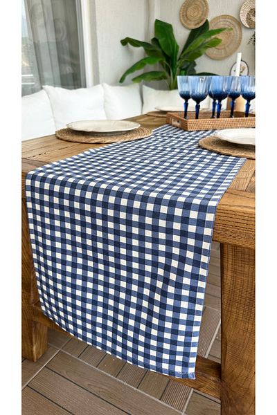 Decamor home Stain-Proof Liquid-Proof Gingham Navy Blue Runner