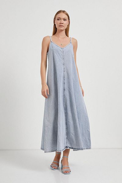 Arma Life Women's Jean Strap Summer Long Baby Blue Denim Dress
