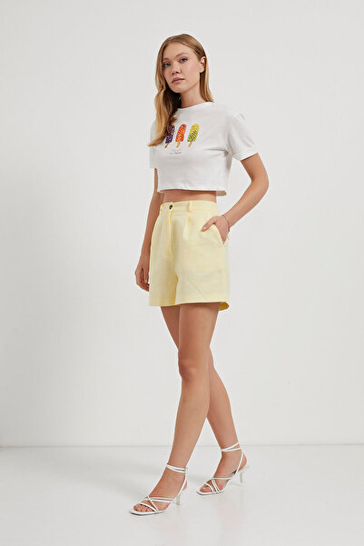 Arma Life Kadın Keten Görünüm Beli Lastikli Sarı Mini Şort