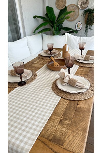 Decamor home Stain-Proof Liquid-Proof Gingham Beige Runner