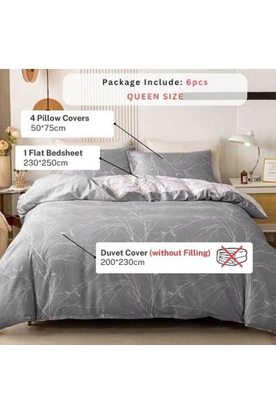 LUNA HOME غطاء لحاف ساكورا رمادي وأبيض، مقاس كوين/مزدوج، 6 قطع، بتصميم قابل للعكس، بدون حشو.