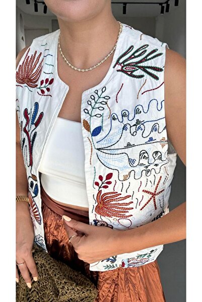 Sezgi Tekin Вишивка Деталь Екрю Лляний жилет