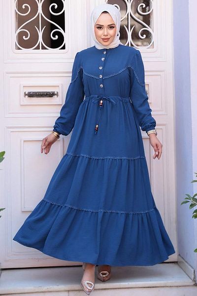 N.S NEVA STYLE Φόρεμα με πτυχωτό Indigo Blue Hijab 596IM