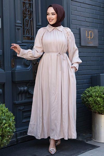 N.S NEVA STYLE Beige Hijab Satin Dress with Pile Detail 12607Bej